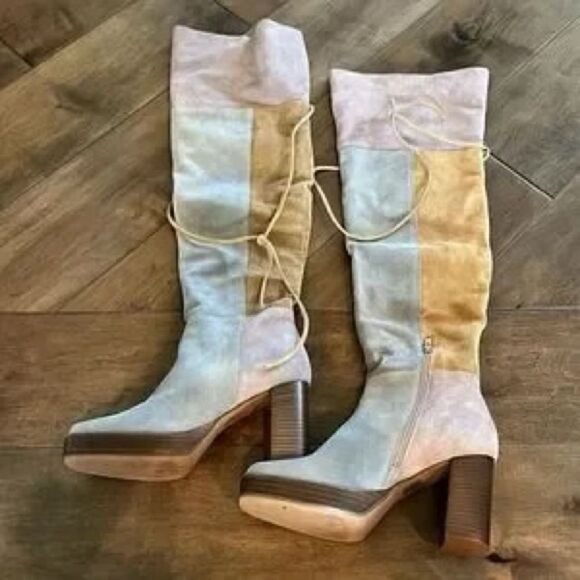 Free People Echo Platform Over-The-Knee Boots Soft Pieced Leather Patches US 7.5 - Picture 2 of 12